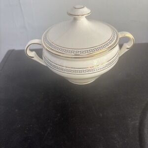 Pope Gosser Arvilla Sugar Bowl W Lid‎ Ivory Greek Decor Made in USA Gold Trim